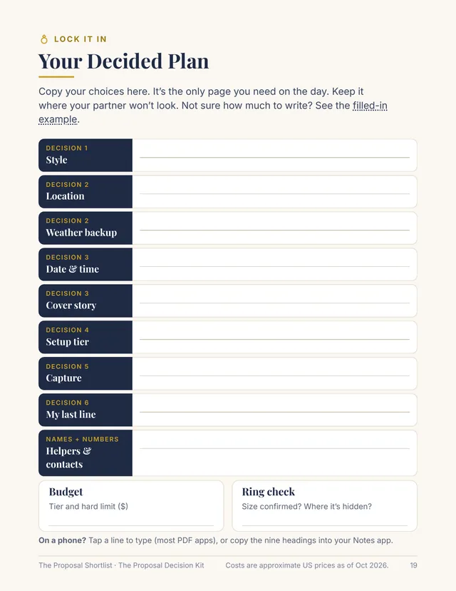 Kit page, Your Decided Plan: a fill-in page that records every choice, from style and location to the backup plan, budget, and ring check